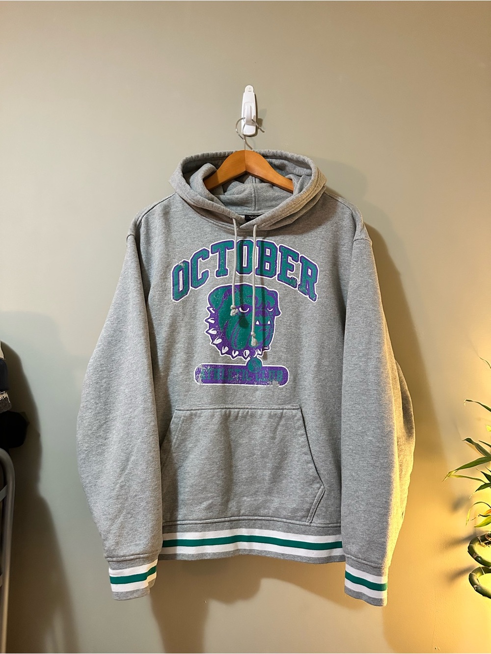 OVO Gray 'October' Graphic Hoodie with Green & Purple Details